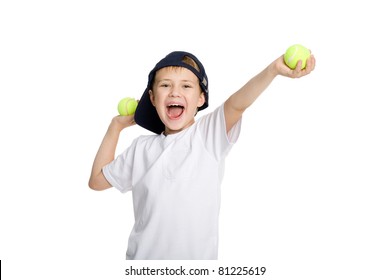 Screaming boy with tennis balls. Isolated on white.