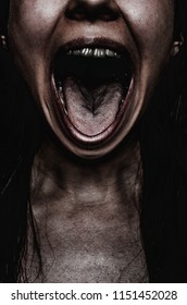 Screaming face of woman. Concept of victim of any discrimination, harassment, poorness, hunger. Poster for a horror movie with copy space