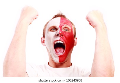 Screaming Football Fan With Face  Painted In Poland Color