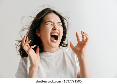 Screaming, Hate, Rage. Crying Emotional Angry Asian Woman Screaming On Gray Studio Background. Emotional, Young Face. Female Half-length Portrait. Human Emotions, Facial Expression Concept.