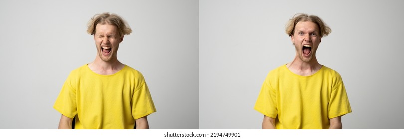 Screaming, hate, rage. Screaming emotional angry man screaming on white studio background. Human emotions, facial expression concept. - Shutterstock ID 2194749901