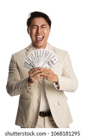 Screaming Man In A Bright Suit Holding A Big Fan Of Money. White Background.