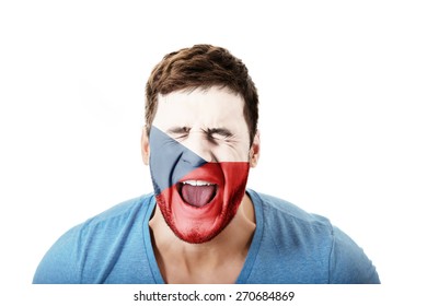 Screaming Man With Czech Republic Flag Painted On Face.