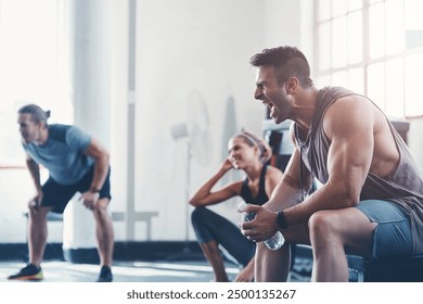 Screaming, man and exercise with motivation in gym for training class, success and fitness goals. Friends, people and shouting with celebration at health club for workout, achievement and winning - Powered by Shutterstock