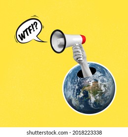 Screaming planet. Human hand with megaphone sticking out of the Earth image over yellow background.. Concept of saving nature and environment