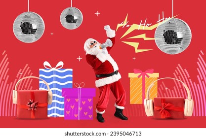 Screaming Santa Claus with megaphone, Christmas gifts and disco balls on red background - Powered by Shutterstock