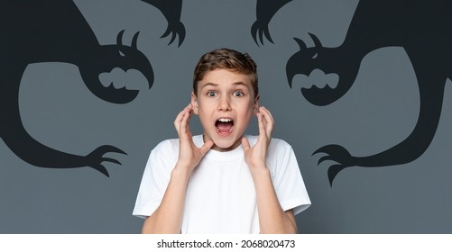 Screaming Teen Boy Scared Of Shadow Monsters Drawn Around Him, Creative Collage For Phobias And Inner Fears With Terrified Teenage Guy Shouting At Camera, Kid Suffering Nightmare, Panorama