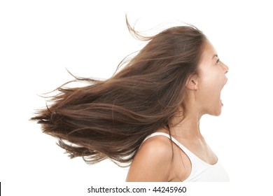 Screaming Woman. Angry And Upset Beautiful Young Mixed Race Chinese / Caucasian Woman In Profile. Isolated On White Background