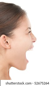 Screaming Woman Isolated Portrait In Profile. Cutout On White.