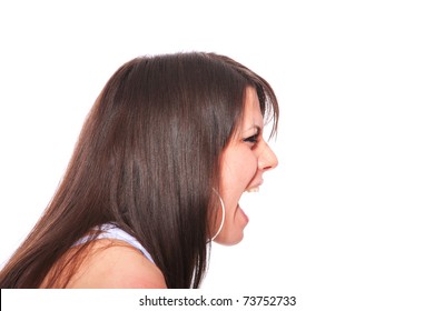 Screaming Woman Isolated Portrait In Profile. Cutout On White.