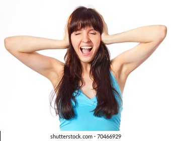 Screaming Young Woman Holding Head. Closed Ears. White Background