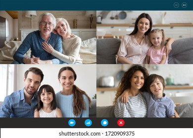 Screen application view of diverse happy relatives sit rest at home on quarantine talk chat on video call, smiling family members have fun engaged in webcam online conversation on computer together