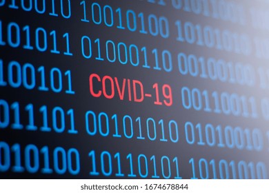 Screen of the computer with binary code of coronavirus. Concept of studying Covid-19 by using modern computer technology