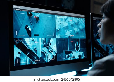 Screen of desktop computer with cctv video from every floor of modern hotel with staff working and clients or travelers with baggage - Powered by Shutterstock