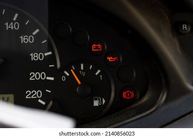 Screen display of car status warning light on dashboard panel symbols which show the fault indicators. low battery, lack of oil - Shutterstock ID 2140856023