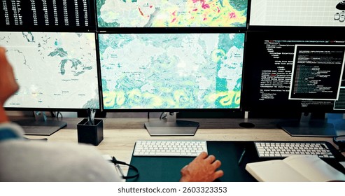 Screen, ecology and hand for map data with news, wind research or reporter. Presenter man, weather broadcast and journalist for forecast on media report for meteorology update or climate change
