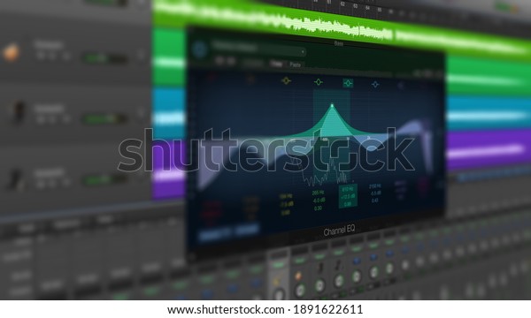 Screen\
of Sound and Music Editing Application. User Interface of DAW\
Digital Audio Workstation Software with\
Equalizer.