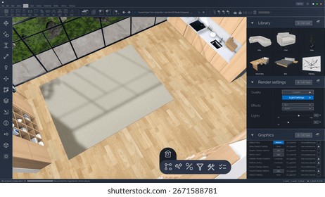 Screen Template of an Interior Design Computer Software. Designer Creating a Kitchen Space Layout, Organizing a Cozy Apartment. Interface with Customizable Render Settings and a Furniture Library