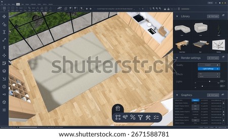 Screen Template of an Interior Design Computer Software. Designer Creating a Kitchen Space Layout, Organizing a Cozy Apartment. Interface with Customizable Render Settings and a Furniture Library