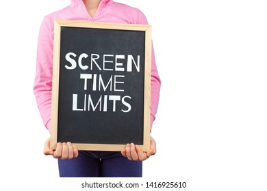 Screen Time Limits For Children Issue Depicted With Child Holding Blackboard With Text And Copy Space