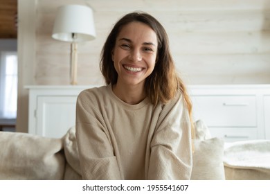 Screen view of happy millennial Hispanic woman look at camera have webcam online digital conference. Portrait of smiling young female speak talk on video call at home. Virtual event concept.