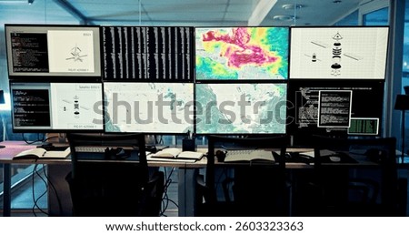 Screen, weather and computer for wind forecast for news, research or ecology in office. Night, empty or tracking technology equipment with maps for meteorology report, radar update for climate change