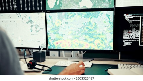 Screen, weather and hand at computer with map, news and wind research for reporter. Man, ecology broadcast and journalist with forecast on media report for meteorology update or climate change