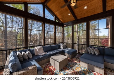 Screened Porch In Springtime, Full Of Blooms Trees In The Background. New Home Addition Concept.