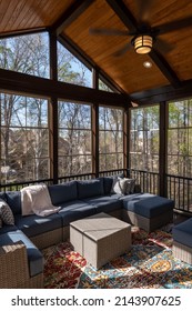 Screened Porch In Springtime, Full Of Blooms Trees In The Background. New Home Addition Concept.