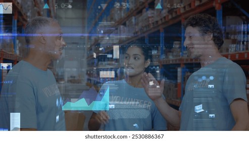 Screens with data processing against male and female volunteers high fiving each other at warehouse. logistics and transportation business concept - Powered by Shutterstock