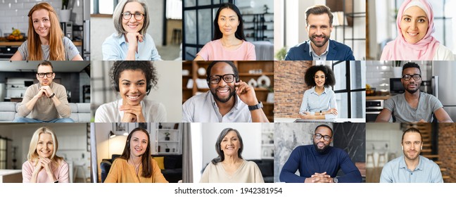 Screensaver With A Many Diverse People Profiles On It. Group Of Multiracial And Multi Generation People Using App For Video Meeting Online, Brainstorming, A Lot Of Employees Have Video Call Together