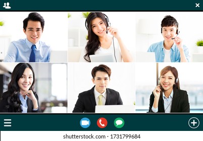 Screenshot Of  Smiling Business Group Online Brainstorm On Video Conference