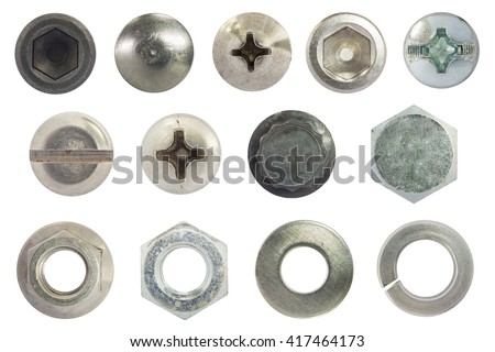 screw, bolt, stud, nut, washer and spring washer isolate on white with clipping path 