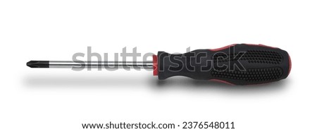 Screw driver + Plus head, The Phillips head screwdriver is made of hardened chrome-plated steel. The handle is insulated with electrically insulating plastic covered with black rubber isolated  path.