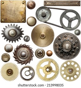 Screw heads, gears, textures and other metal details. - Shutterstock ID 213998035
