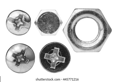 Screw heads  nut  rivets isolated white background  closeup