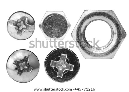 Screw heads, nut, rivets isolated on white background  closeup