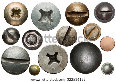 Screw heads, nuts, rivets isolated on white.