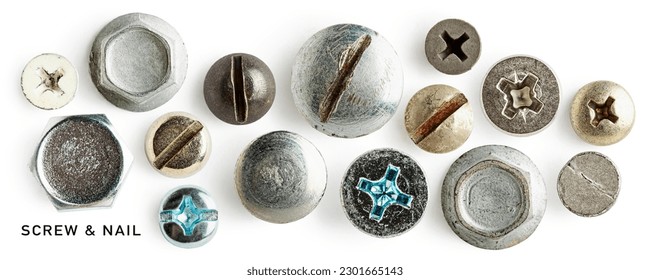 Screw heads, nuts, rivets, nail collection isolated on white background. Vintage tools creative layout. Top view, flat lay. Design element
