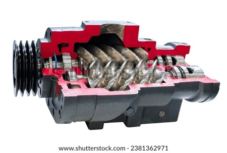 Screw type high pressure compressor prepared pumpfor pumping of water, fuel, oil and oil or chemical products, closeup details. industrial concept 