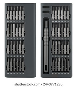 Screwdriver, bit holder and bit set tool, isolated on white background