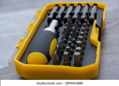 Screwdriver Bit Set. Metal Bits For Screwdriver Boxes. A Set Of Tools For Home Use. Screwdriver Bits And Adapters. Hex Head In Different Sizes.