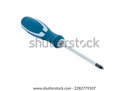 A screwdriver with a blue handle against a white background
