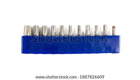 Screwdriver interchangeable tips set isolated on white background. Bits for screwdrivers, metal heads collection