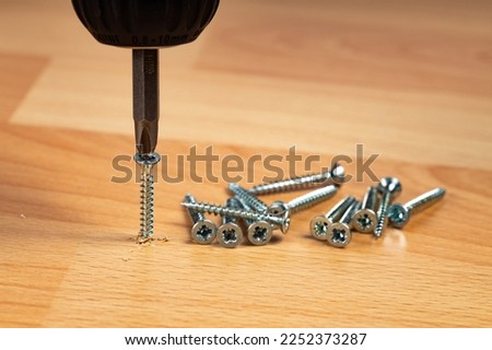 Screwdriver on the screw, screw screwed into timber wood, screw on wooden top table. Close-up, selective focus.