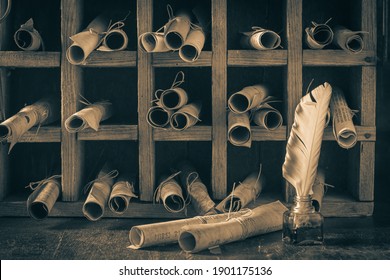 Scribe Library Full Of Ancient And Valuable Manuscripts In Wooden Box