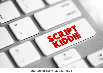Script Kiddie is someone that uses existing software to hack computer systems belonging to others, text concept button on keyboard