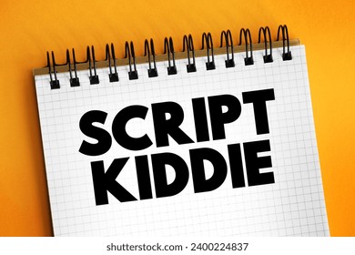 Script Kiddie is someone that uses existing software to hack computer systems belonging to others, text concept for presentations and reports