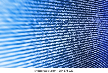 Script on computer. Modern display of data source code. Programming code abstract screen of software developer.  Blue color. 