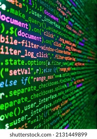 Script procedure creating. Modern application Source abstract algorithm concept. IT coding on monitor screen. Abstract screen of web developer. Screen of web developing code on dark background
